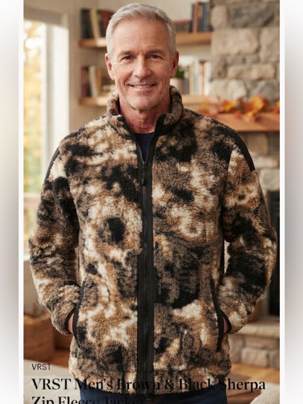 VRST Men's Brown & Black Sherpa Zip Fleece Jacket